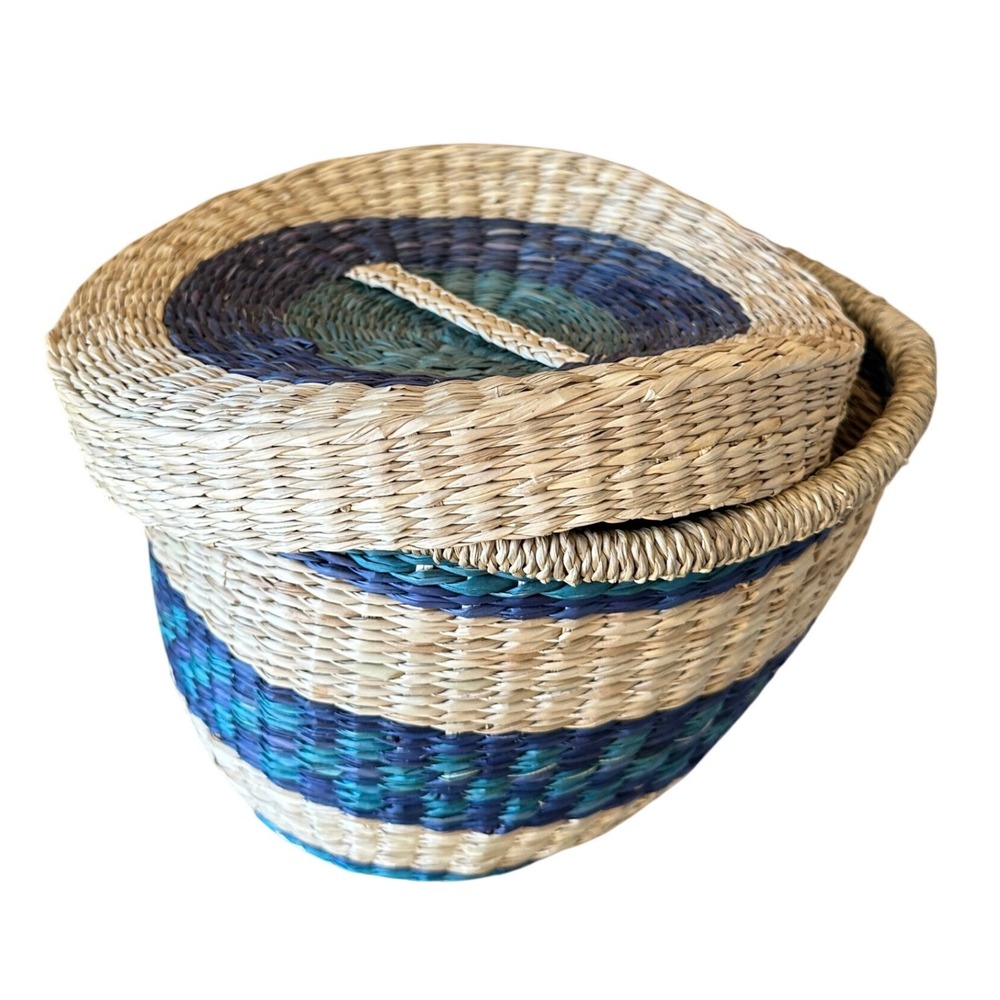 Handwoven Round Seagrass Basket with Lid Blue Green Neutral Striped Boho Storage